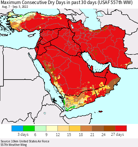 Middle East and Turkey Maximum Consecutive Dry Days in past 30 days (USAF 557th WW) 09/05/2022 Thematic Map For 9/1/2022 - 9/5/2022