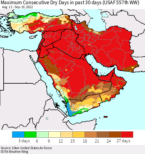 Middle East and Turkey Maximum Consecutive Dry Days in past 30 days (USAF 557th WW) 09/10/2022 Thematic Map For 9/6/2022 - 9/10/2022