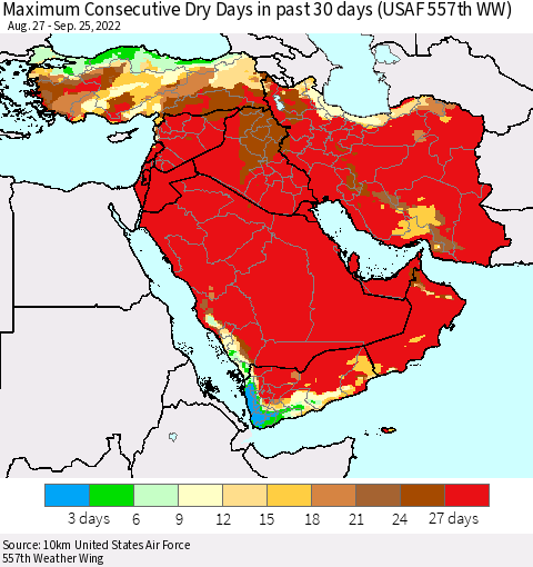 Middle East and Turkey Maximum Consecutive Dry Days in past 30 days (USAF 557th WW) 09/25/2022 Thematic Map For 9/21/2022 - 9/25/2022