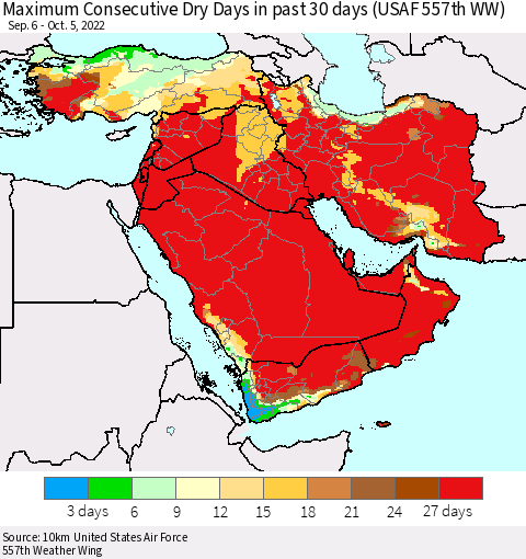 Middle East and Turkey Maximum Consecutive Dry Days in past 30 days (USAF 557th WW) 10/05/2022 Thematic Map For 10/1/2022 - 10/5/2022