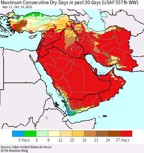 Middle East and Turkey Maximum Consecutive Dry Days in past 30 days (USAF 557th WW) 10/10/2022 Thematic Map For 10/6/2022 - 10/10/2022