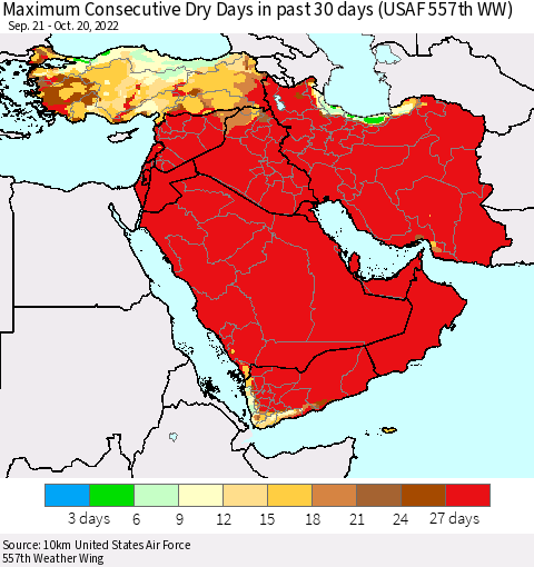 Middle East and Turkey Maximum Consecutive Dry Days in past 30 days (USAF 557th WW) 10/20/2022 Thematic Map For 10/16/2022 - 10/20/2022