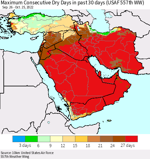 Middle East and Turkey Maximum Consecutive Dry Days in past 30 days (USAF 557th WW) 10/25/2022 Thematic Map For 10/21/2022 - 10/25/2022