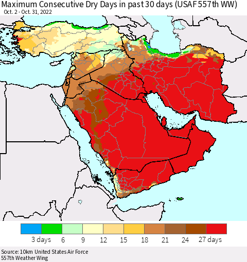 Middle East and Turkey Maximum Consecutive Dry Days in past 30 days (USAF 557th WW) 10/31/2022 Thematic Map For 10/26/2022 - 10/31/2022