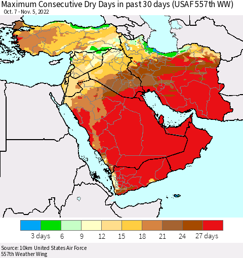 Middle East and Turkey Maximum Consecutive Dry Days in past 30 days (USAF 557th WW) 11/05/2022 Thematic Map For 11/1/2022 - 11/5/2022