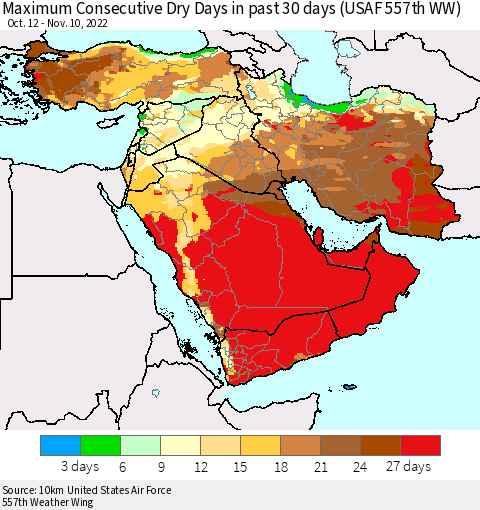Middle East and Turkey Maximum Consecutive Dry Days in past 30 days (USAF 557th WW) 11/10/2022 Thematic Map For 11/6/2022 - 11/10/2022