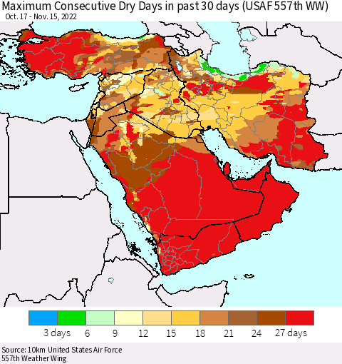Middle East and Turkey Maximum Consecutive Dry Days in past 30 days (USAF 557th WW) 11/15/2022 Thematic Map For 11/11/2022 - 11/15/2022