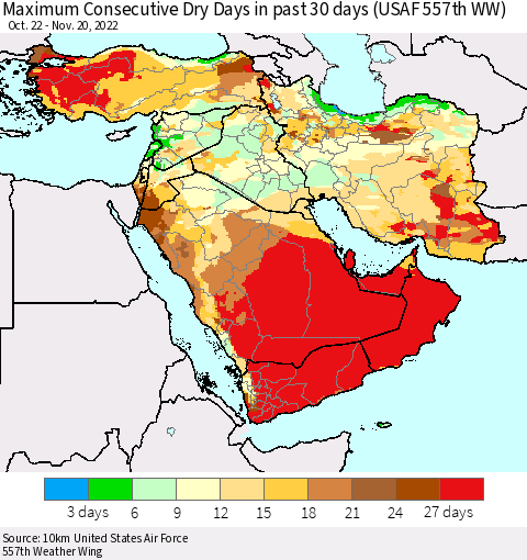 Middle East and Turkey Maximum Consecutive Dry Days in past 30 days (USAF 557th WW) 11/20/2022 Thematic Map For 11/16/2022 - 11/20/2022
