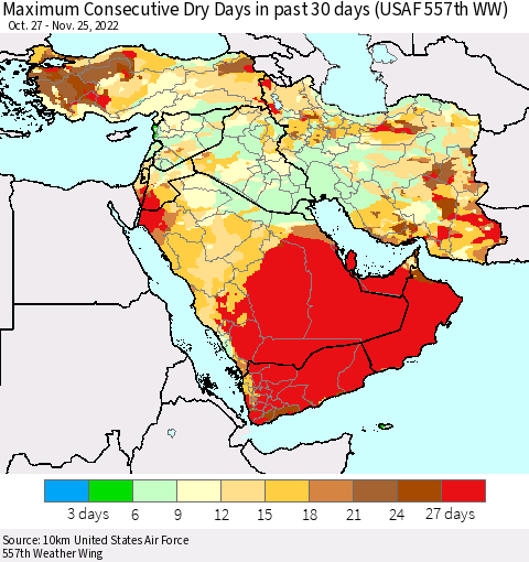 Middle East and Turkey Maximum Consecutive Dry Days in past 30 days (USAF 557th WW) 11/25/2022 Thematic Map For 11/21/2022 - 11/25/2022