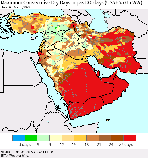 Middle East and Turkey Maximum Consecutive Dry Days in past 30 days (USAF 557th WW) 12/05/2022 Thematic Map For 12/1/2022 - 12/5/2022