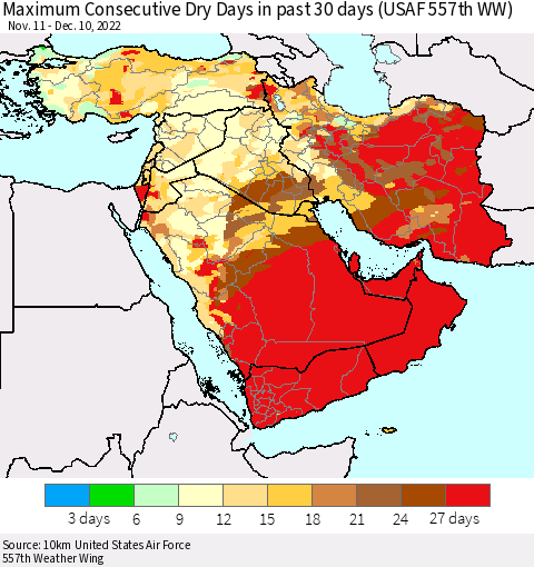 Middle East and Turkey Maximum Consecutive Dry Days in past 30 days (USAF 557th WW) 12/10/2022 Thematic Map For 12/6/2022 - 12/10/2022