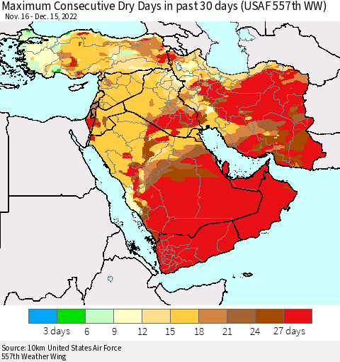 Middle East and Turkey Maximum Consecutive Dry Days in past 30 days (USAF 557th WW) 12/15/2022 Thematic Map For 12/11/2022 - 12/15/2022