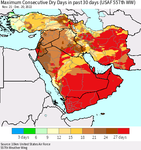 Middle East and Turkey Maximum Consecutive Dry Days in past 30 days (USAF 557th WW) 12/20/2022 Thematic Map For 12/16/2022 - 12/20/2022