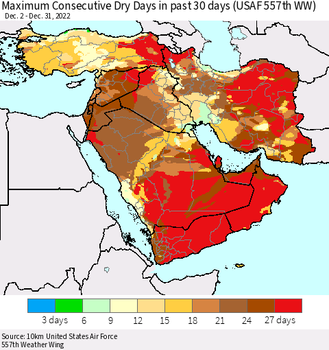 Middle East and Turkey Maximum Consecutive Dry Days in past 30 days (USAF 557th WW) 12/31/2022 Thematic Map For 12/26/2022 - 12/31/2022