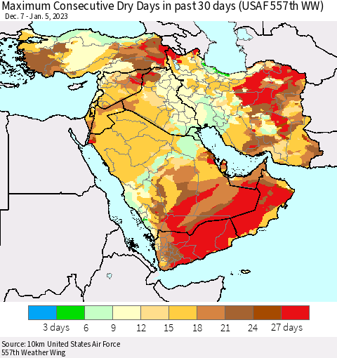 Middle East and Turkey Maximum Consecutive Dry Days in past 30 days (USAF 557th WW) 01/05/2023 Thematic Map For 1/1/2023 - 1/5/2023