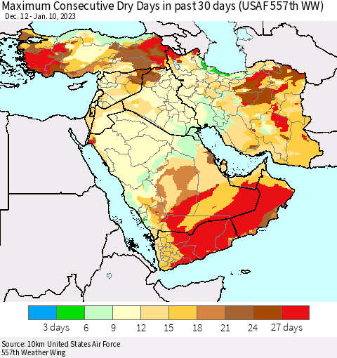 Middle East and Turkey Maximum Consecutive Dry Days in past 30 days (USAF 557th WW) 01/10/2023 Thematic Map For 1/6/2023 - 1/10/2023
