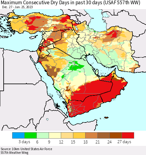 Middle East and Turkey Maximum Consecutive Dry Days in past 30 days (USAF 557th WW) 01/25/2023 Thematic Map For 1/21/2023 - 1/25/2023
