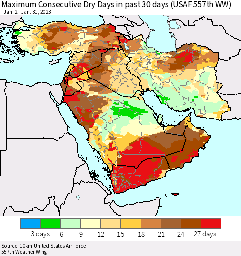 Middle East and Turkey Maximum Consecutive Dry Days in past 30 days (USAF 557th WW) 01/31/2023 Thematic Map For 1/26/2023 - 1/31/2023