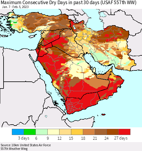 Middle East and Turkey Maximum Consecutive Dry Days in past 30 days (USAF 557th WW) 02/05/2023 Thematic Map For 2/1/2023 - 2/5/2023