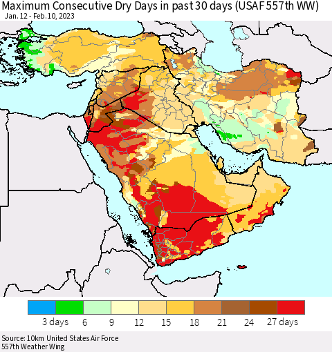Middle East and Turkey Maximum Consecutive Dry Days in past 30 days (USAF 557th WW) 02/10/2023 Thematic Map For 2/6/2023 - 2/10/2023