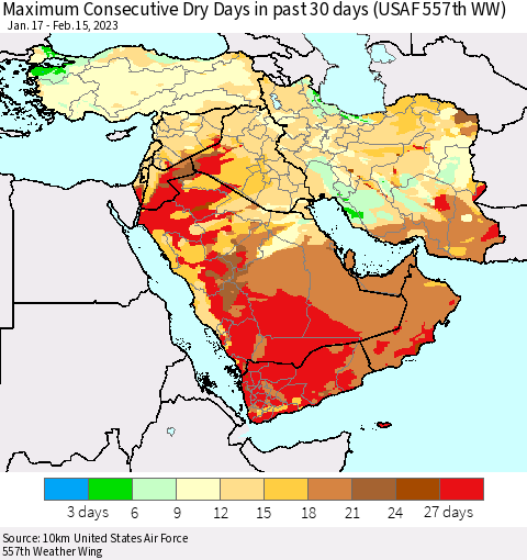 Middle East and Turkey Maximum Consecutive Dry Days in past 30 days (USAF 557th WW) 02/15/2023 Thematic Map For 2/11/2023 - 2/15/2023