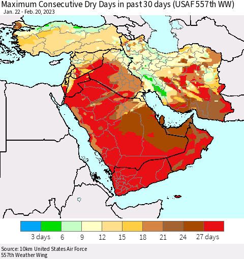 Middle East and Turkey Maximum Consecutive Dry Days in past 30 days (USAF 557th WW) 02/20/2023 Thematic Map For 2/16/2023 - 2/20/2023