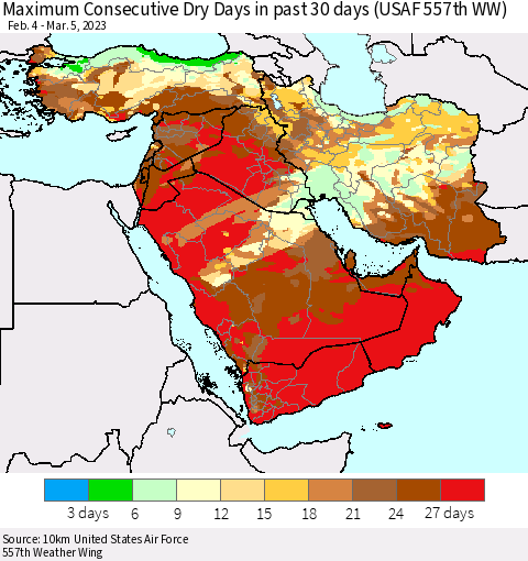 Middle East and Turkey Maximum Consecutive Dry Days in past 30 days (USAF 557th WW) 03/05/2023 Thematic Map For 3/1/2023 - 3/5/2023