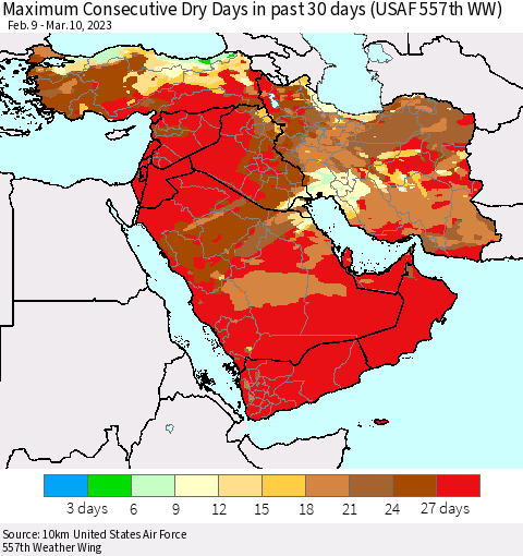 Middle East and Turkey Maximum Consecutive Dry Days in past 30 days (USAF 557th WW) 03/10/2023 Thematic Map For 3/6/2023 - 3/10/2023
