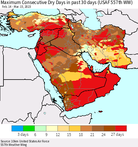 Middle East and Turkey Maximum Consecutive Dry Days in past 30 days (USAF 557th WW) 03/15/2023 Thematic Map For 3/11/2023 - 3/15/2023
