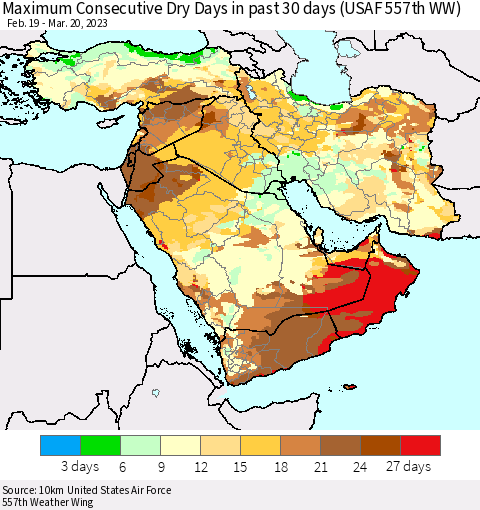 Middle East and Turkey Maximum Consecutive Dry Days in past 30 days (USAF 557th WW) 03/20/2023 Thematic Map For 3/16/2023 - 3/20/2023