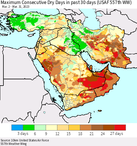 Middle East and Turkey Maximum Consecutive Dry Days in past 30 days (USAF 557th WW) 03/31/2023 Thematic Map For 3/26/2023 - 3/31/2023