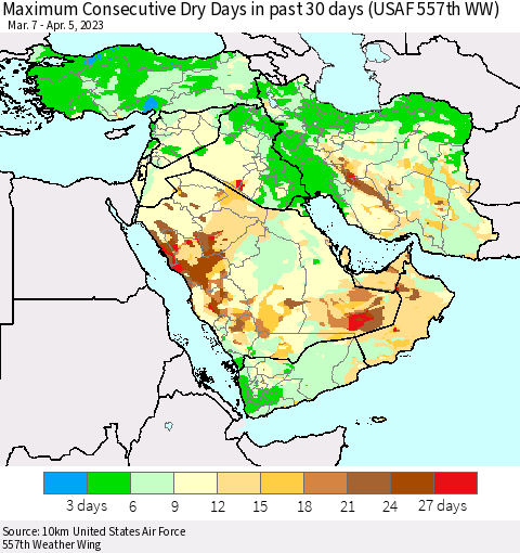 Middle East and Turkey Maximum Consecutive Dry Days in past 30 days (USAF 557th WW) 04/05/2023 Thematic Map For 4/1/2023 - 4/5/2023