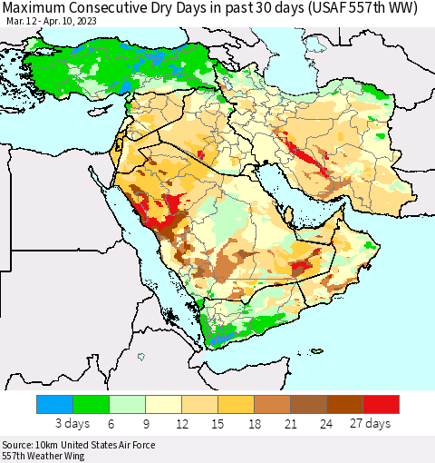 Middle East and Turkey Maximum Consecutive Dry Days in past 30 days (USAF 557th WW) 04/10/2023 Thematic Map For 4/6/2023 - 4/10/2023