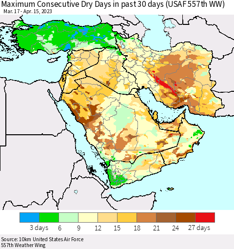 Middle East and Turkey Maximum Consecutive Dry Days in past 30 days (USAF 557th WW) 04/15/2023 Thematic Map For 4/11/2023 - 4/15/2023