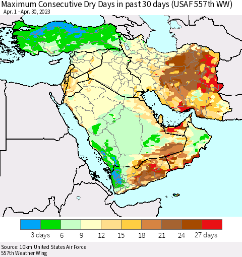 Middle East and Turkey Maximum Consecutive Dry Days in past 30 days (USAF 557th WW) 04/30/2023 Thematic Map For 4/26/2023 - 4/30/2023