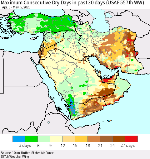 Middle East and Turkey Maximum Consecutive Dry Days in past 30 days (USAF 557th WW) 05/05/2023 Thematic Map For 5/1/2023 - 5/5/2023