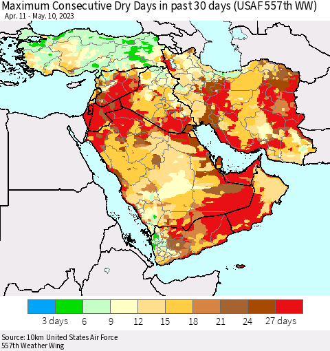 Middle East and Turkey Maximum Consecutive Dry Days in past 30 days (USAF 557th WW) 05/10/2023 Thematic Map For 5/6/2023 - 5/10/2023