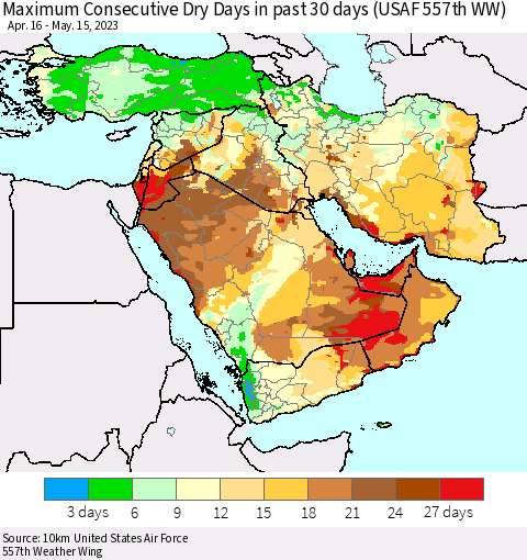 Middle East and Turkey Maximum Consecutive Dry Days in past 30 days (USAF 557th WW) 05/15/2023 Thematic Map For 5/11/2023 - 5/15/2023