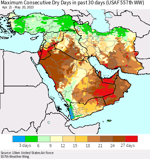 Middle East and Turkey Maximum Consecutive Dry Days in past 30 days (USAF 557th WW) 05/20/2023 Thematic Map For 5/16/2023 - 5/20/2023