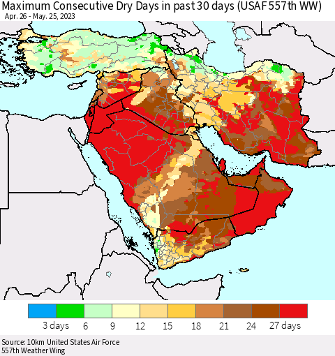 Middle East and Turkey Maximum Consecutive Dry Days in past 30 days (USAF 557th WW) 05/25/2023 Thematic Map For 5/21/2023 - 5/25/2023