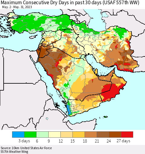 Middle East and Turkey Maximum Consecutive Dry Days in past 30 days (USAF 557th WW) 05/31/2023 Thematic Map For 5/26/2023 - 5/31/2023