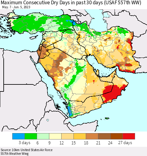 Middle East and Turkey Maximum Consecutive Dry Days in past 30 days (USAF 557th WW) 06/05/2023 Thematic Map For 6/1/2023 - 6/5/2023