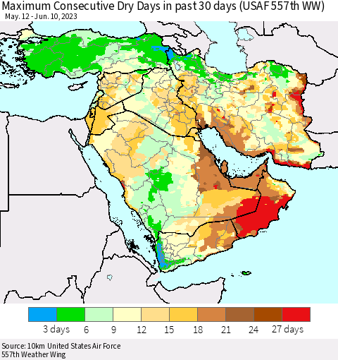 Middle East and Turkey Maximum Consecutive Dry Days in past 30 days (USAF 557th WW) 06/10/2023 Thematic Map For 6/6/2023 - 6/10/2023