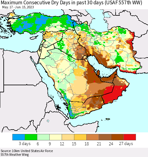 Middle East and Turkey Maximum Consecutive Dry Days in past 30 days (USAF 557th WW) 06/15/2023 Thematic Map For 6/11/2023 - 6/15/2023