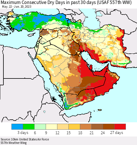 Middle East and Turkey Maximum Consecutive Dry Days in past 30 days (USAF 557th WW) 06/20/2023 Thematic Map For 6/16/2023 - 6/20/2023