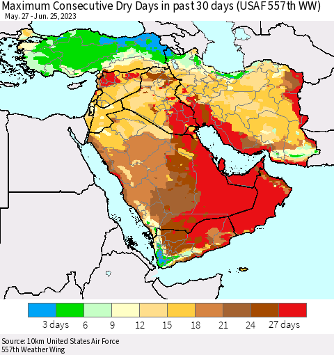 Middle East and Turkey Maximum Consecutive Dry Days in past 30 days (USAF 557th WW) 06/25/2023 Thematic Map For 6/21/2023 - 6/25/2023