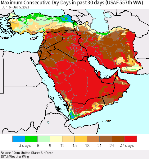 Middle East and Turkey Maximum Consecutive Dry Days in past 30 days (USAF 557th WW) 07/05/2023 Thematic Map For 7/1/2023 - 7/5/2023