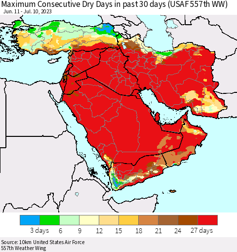 Middle East and Turkey Maximum Consecutive Dry Days in past 30 days (USAF 557th WW) 07/10/2023 Thematic Map For 7/6/2023 - 7/10/2023