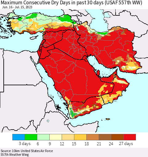 Middle East and Turkey Maximum Consecutive Dry Days in past 30 days (USAF 557th WW) 07/15/2023 Thematic Map For 7/11/2023 - 7/15/2023