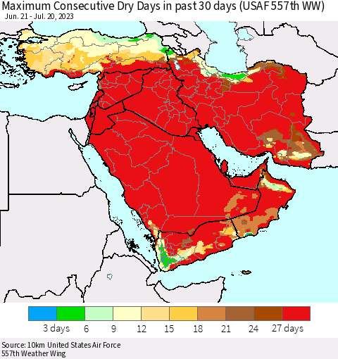 Middle East and Turkey Maximum Consecutive Dry Days in past 30 days (USAF 557th WW) 07/20/2023 Thematic Map For 7/16/2023 - 7/20/2023